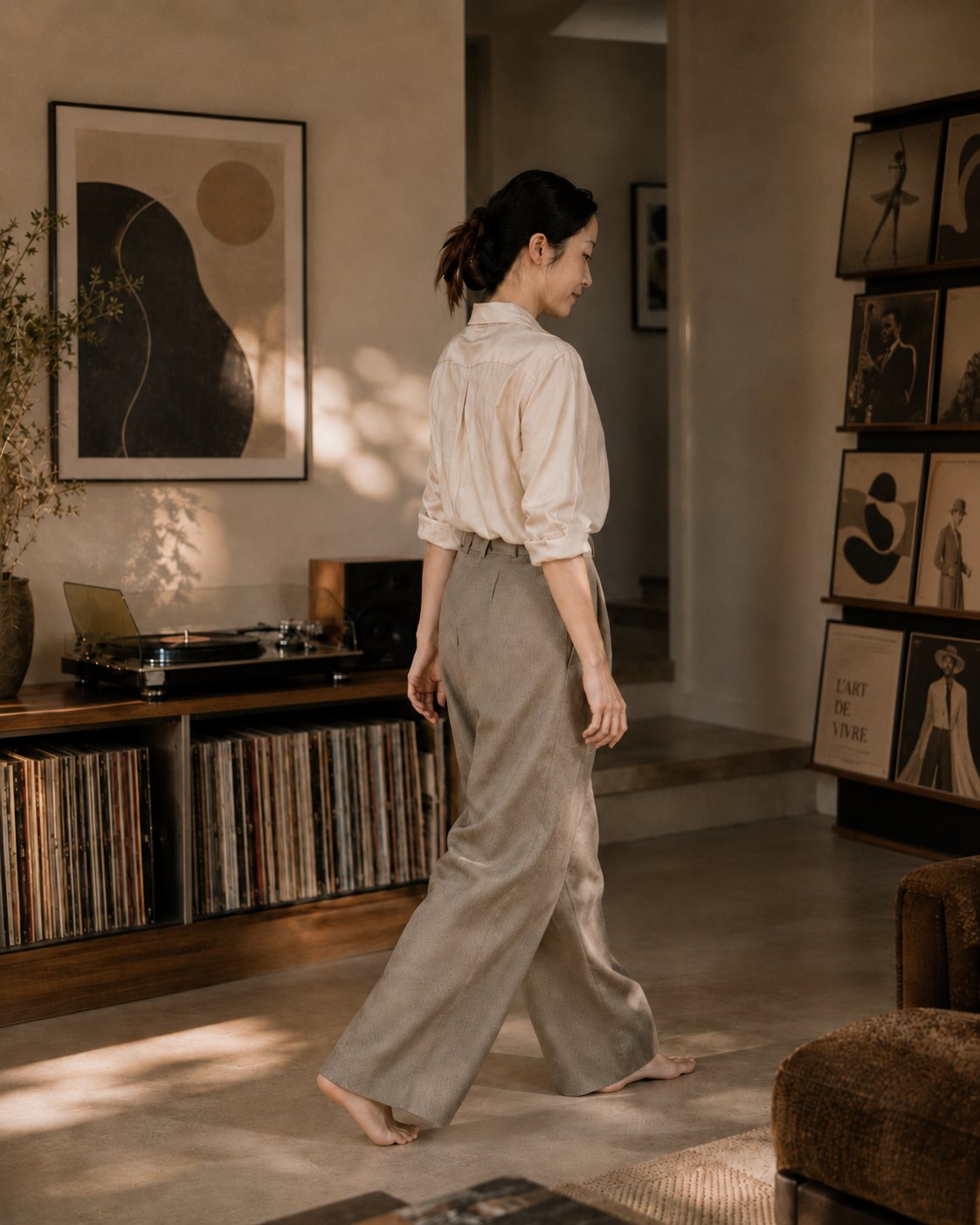 DOING NOTHING editorial lifestyle scene in a vinyl listening room, representing quiet living, music and intentional rest.